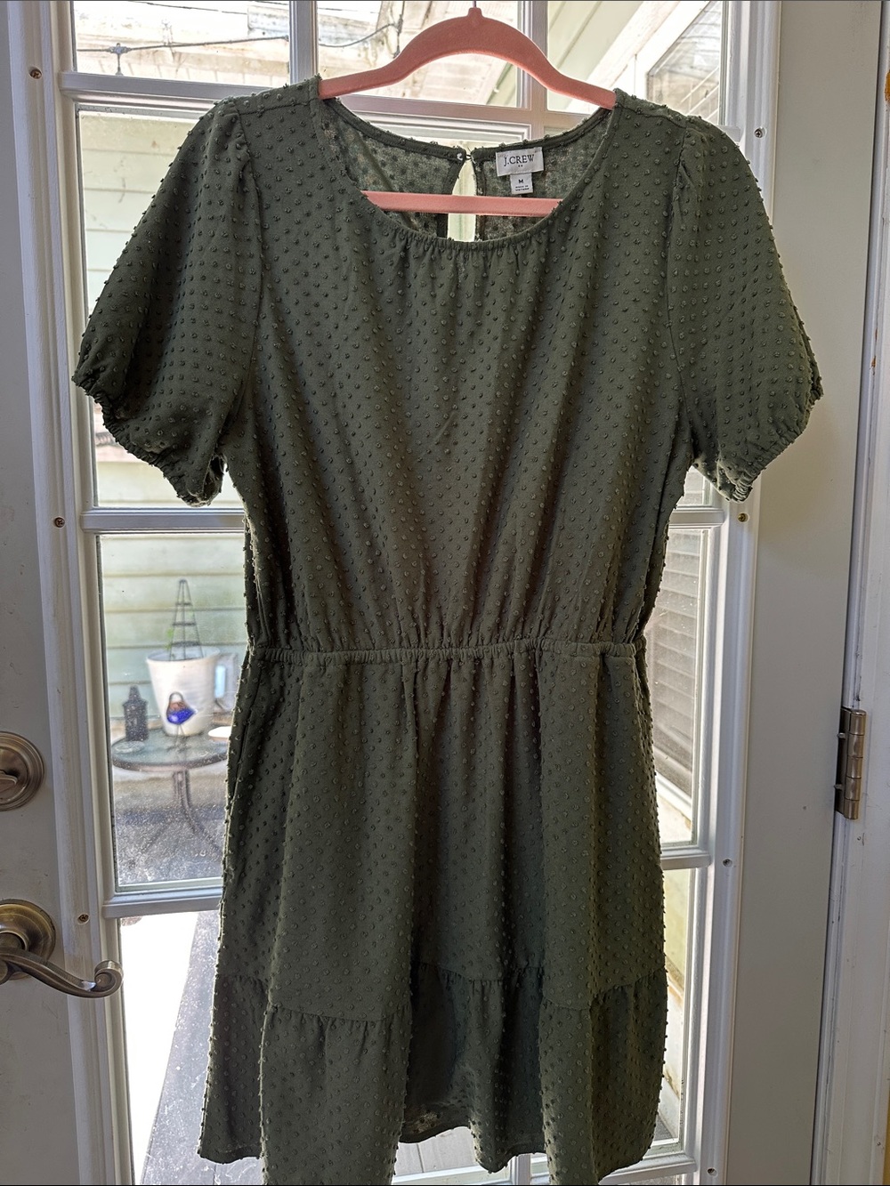 J. Crew Olive Green Textured Swiss Dot Short Sleeve Dress